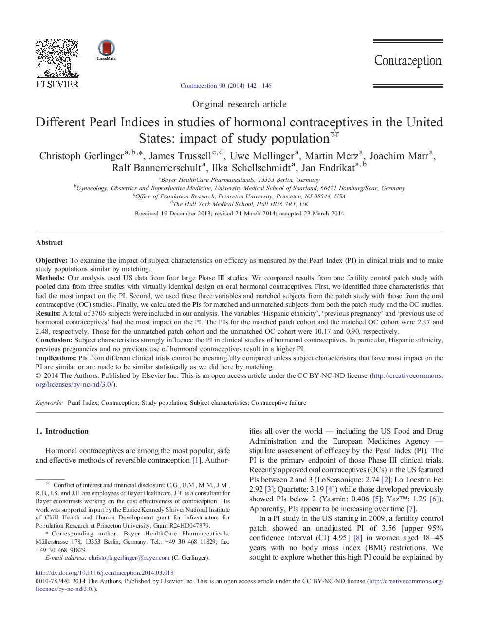 Different Pearl Indices in studies of hormonal contraceptives in the United States: impact of study population