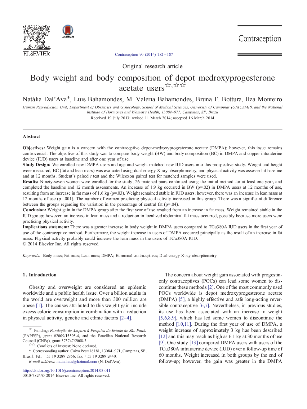 Body weight and body composition of depot medroxyprogesterone acetate users