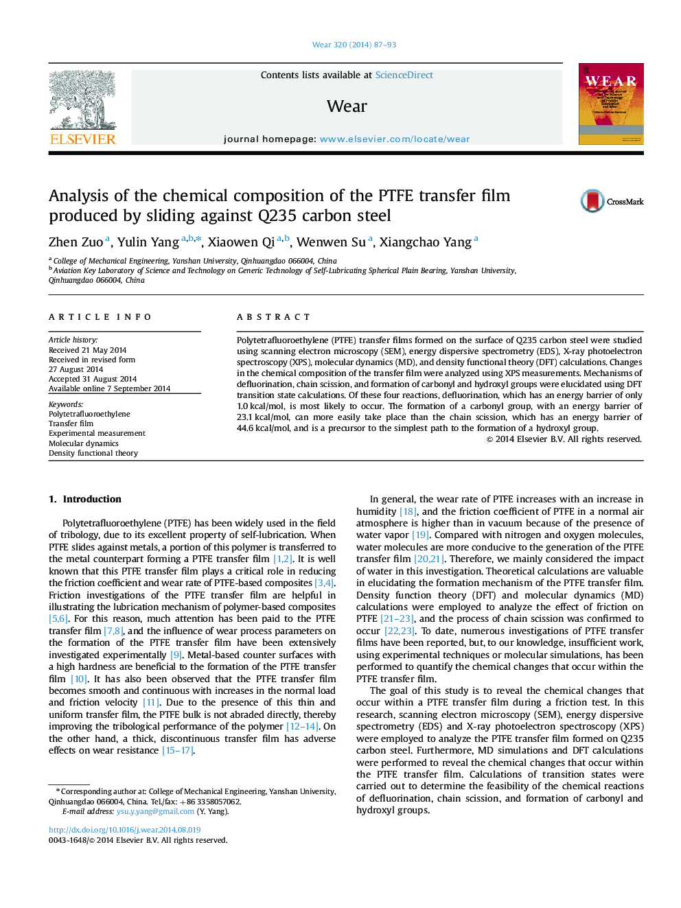 Analysis of the chemical composition of the PTFE transfer film produced by sliding against Q235 carbon steel