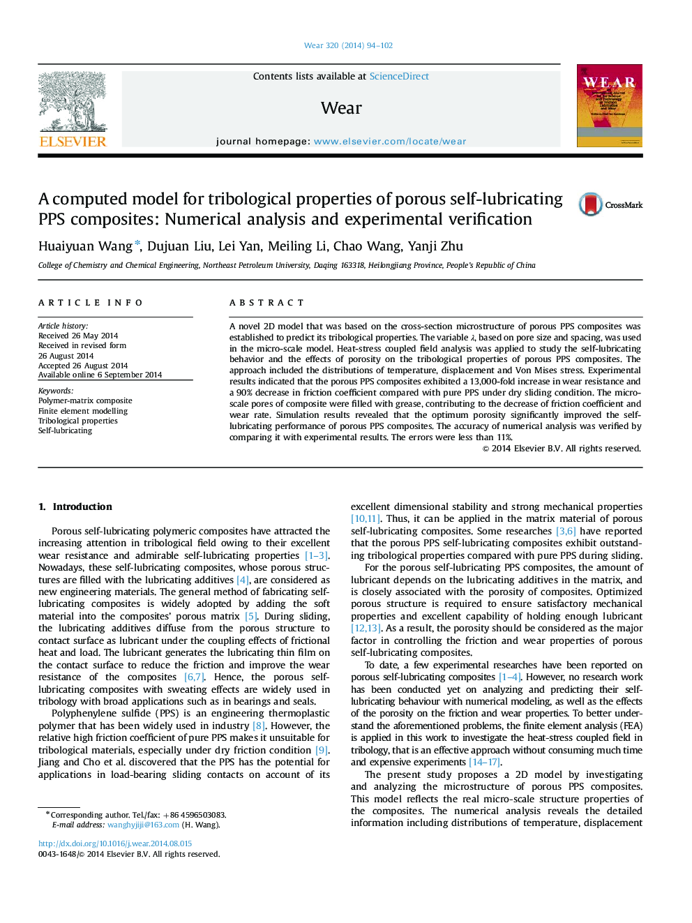 A computed model for tribological properties of porous self-lubricating PPS composites: Numerical analysis and experimental verification