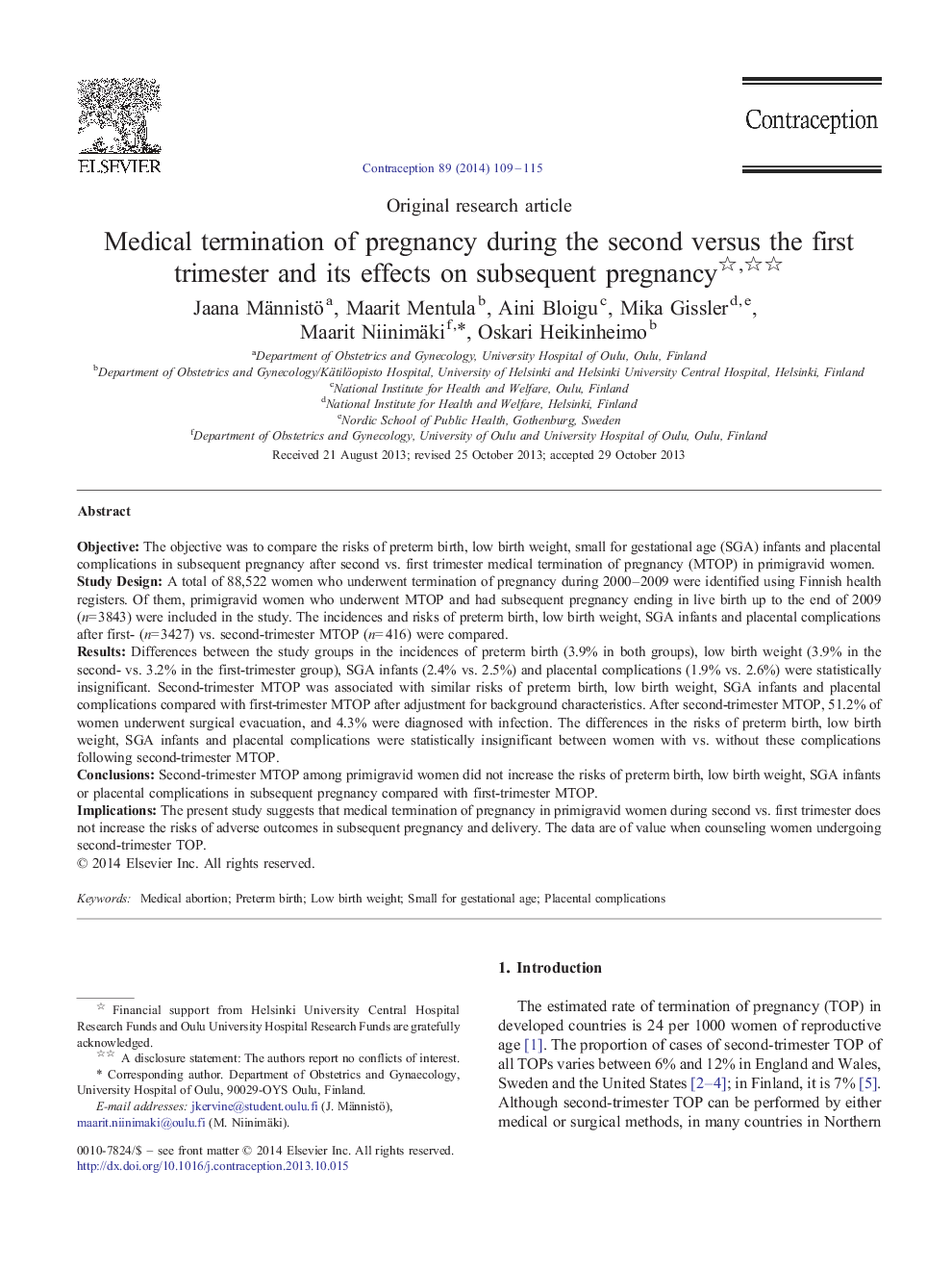 Medical termination of pregnancy during the second versus the first trimester and its effects on subsequent pregnancy