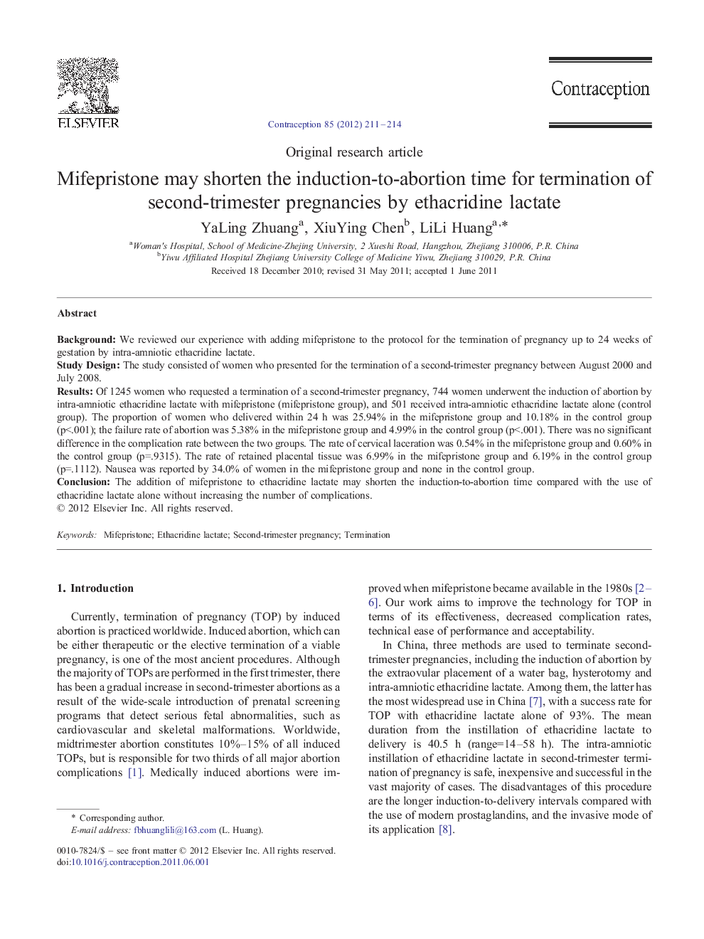 Mifepristone may shorten the induction-to-abortion time for termination of second-trimester pregnancies by ethacridine lactate