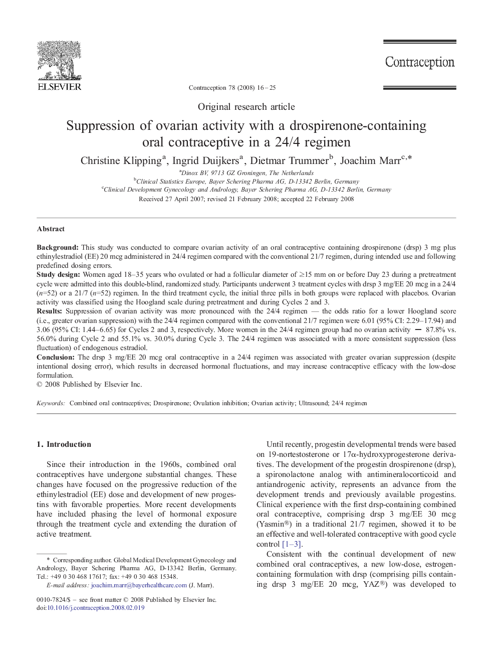 Suppression of ovarian activity with a drospirenone-containing oral contraceptive in a 24/4 regimen