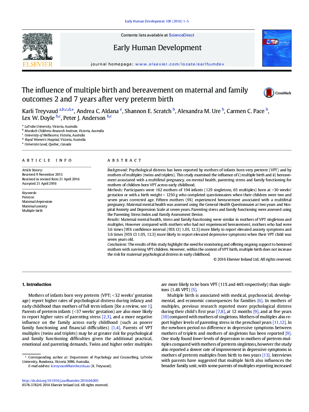 The influence of multiple birth and bereavement on maternal and family outcomes 2 and 7 years after very preterm birth