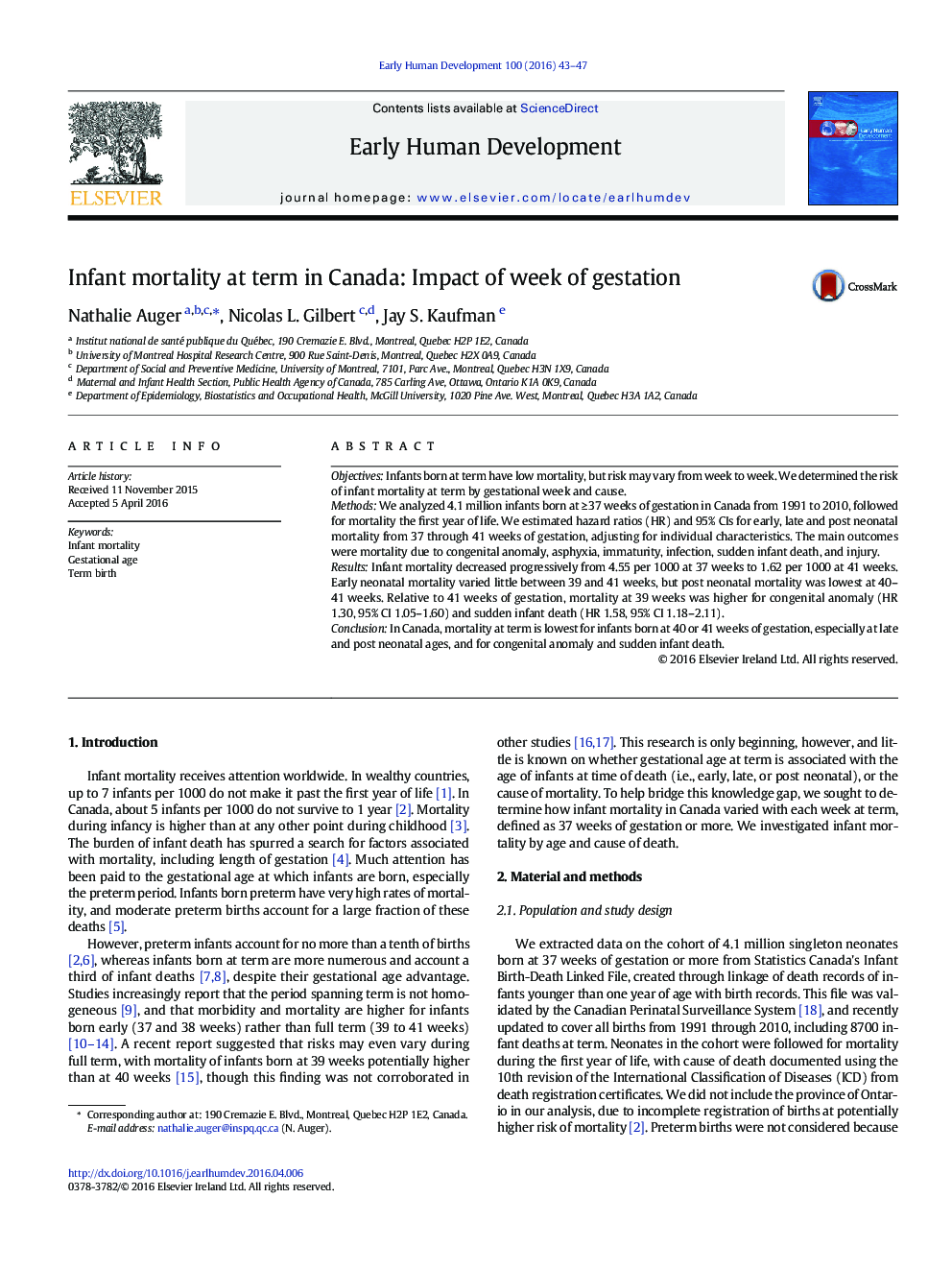 Infant mortality at term in Canada: Impact of week of gestation