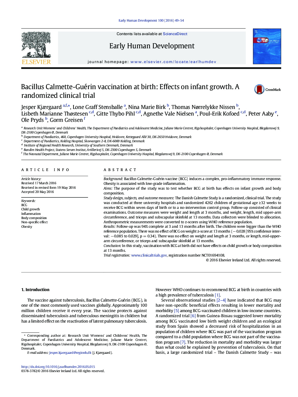 Bacillus Calmette-Guérin vaccination at birth: Effects on infant growth. A randomized clinical trial