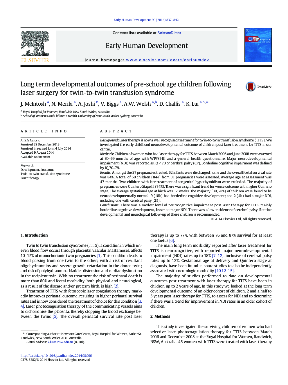 Long term developmental outcomes of pre-school age children following laser surgery for twin-to-twin transfusion syndrome