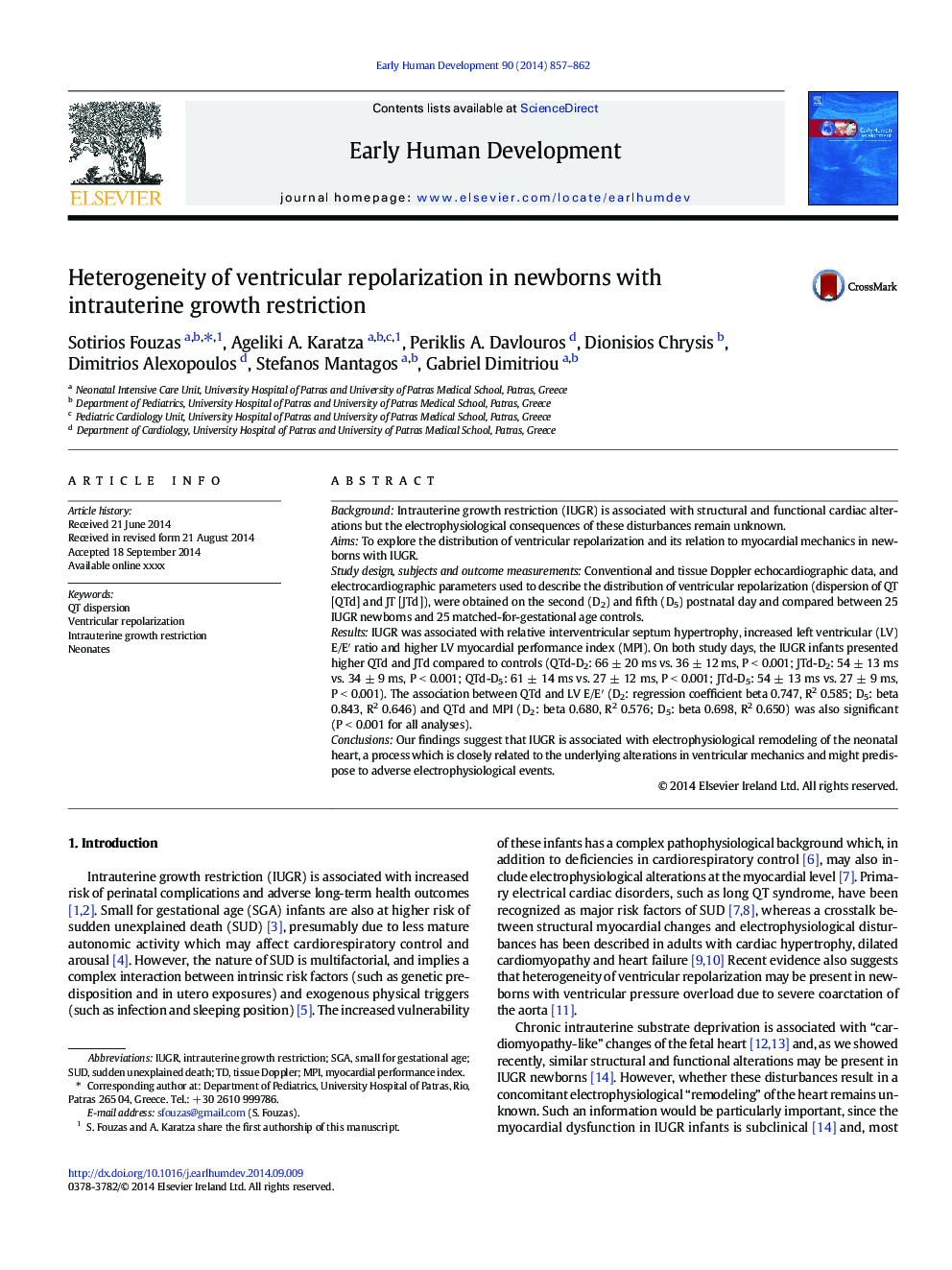 Heterogeneity of ventricular repolarization in newborns with intrauterine growth restriction