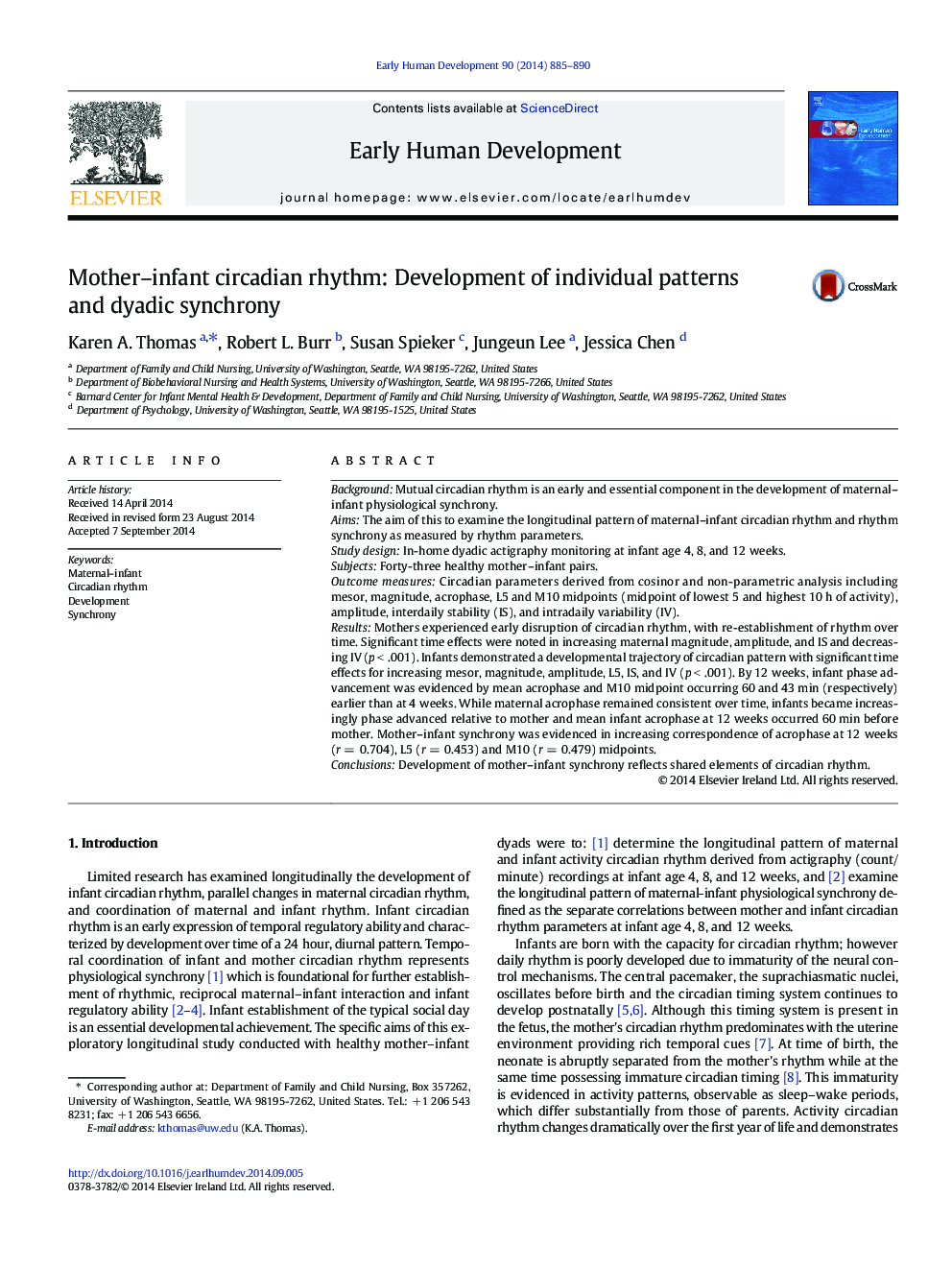 Mother-infant circadian rhythm: Development of individual patterns and dyadic synchrony