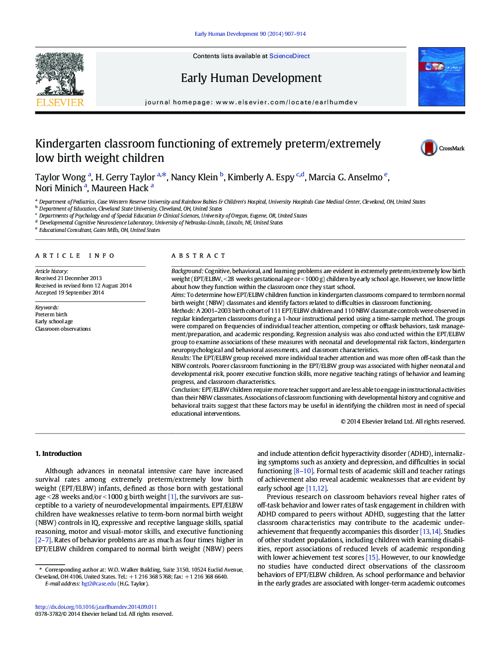 Kindergarten classroom functioning of extremely preterm/extremely low birth weight children