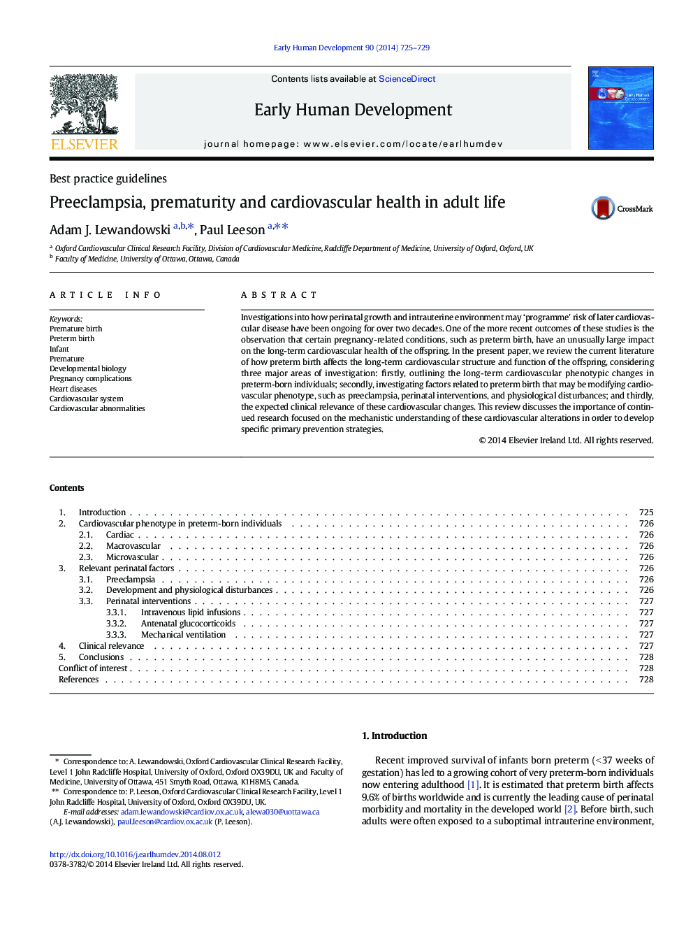 Preeclampsia, prematurity and cardiovascular health in adult life