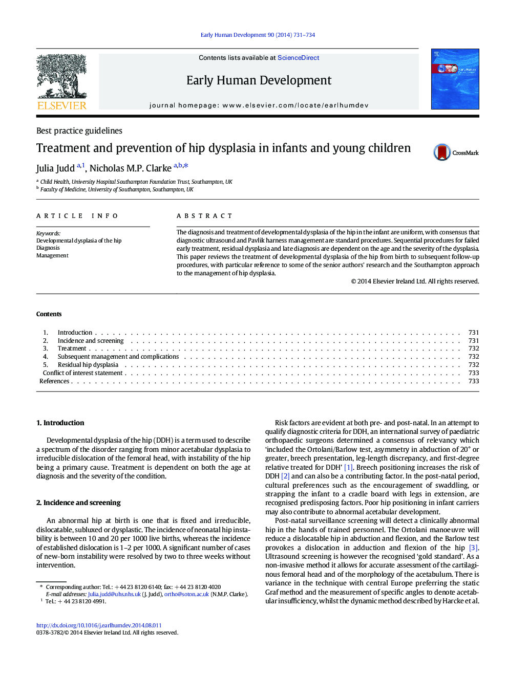 Treatment and prevention of hip dysplasia in infants and young children