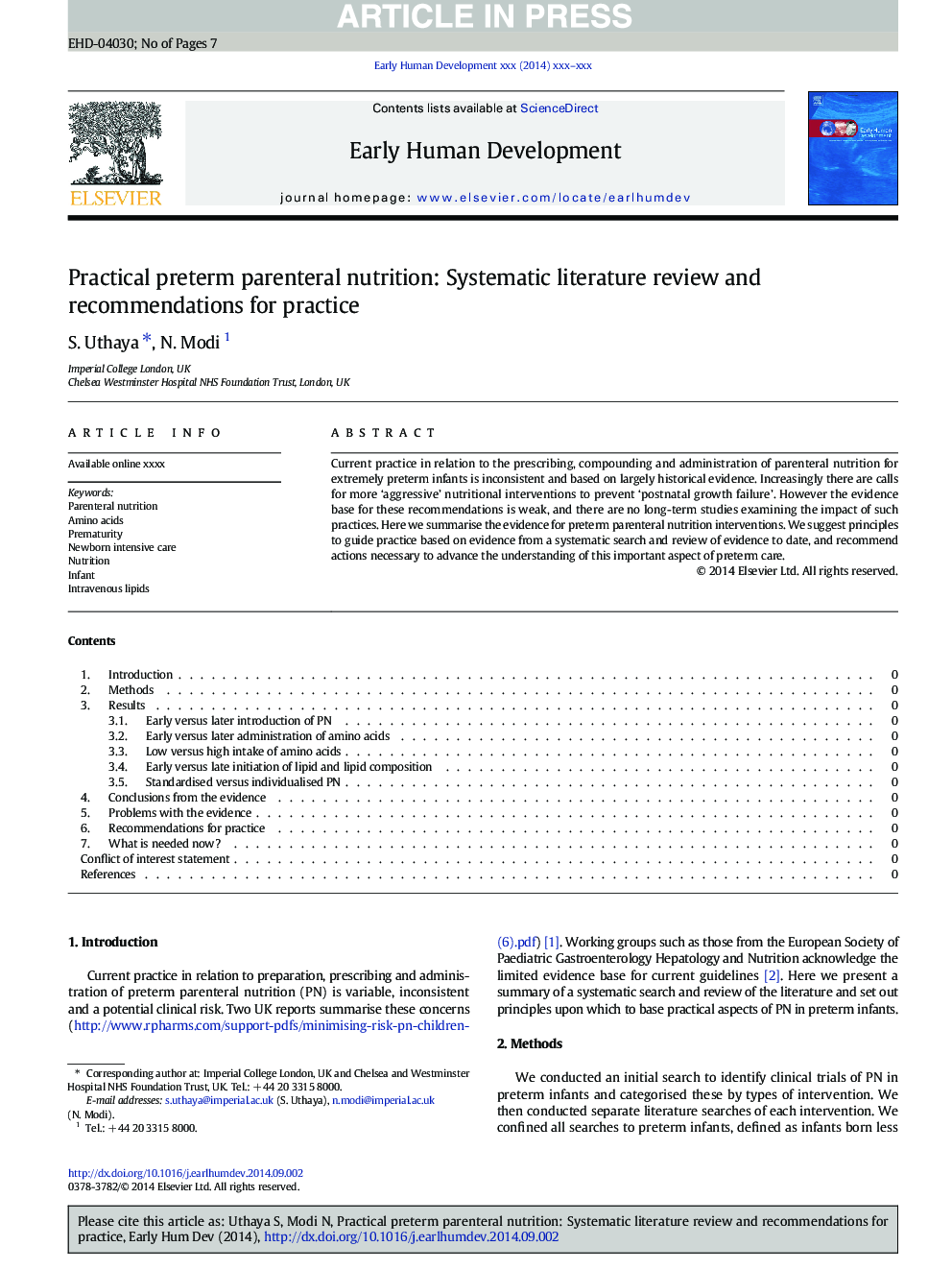 Practical preterm parenteral nutrition: Systematic literature review and recommendations for practice