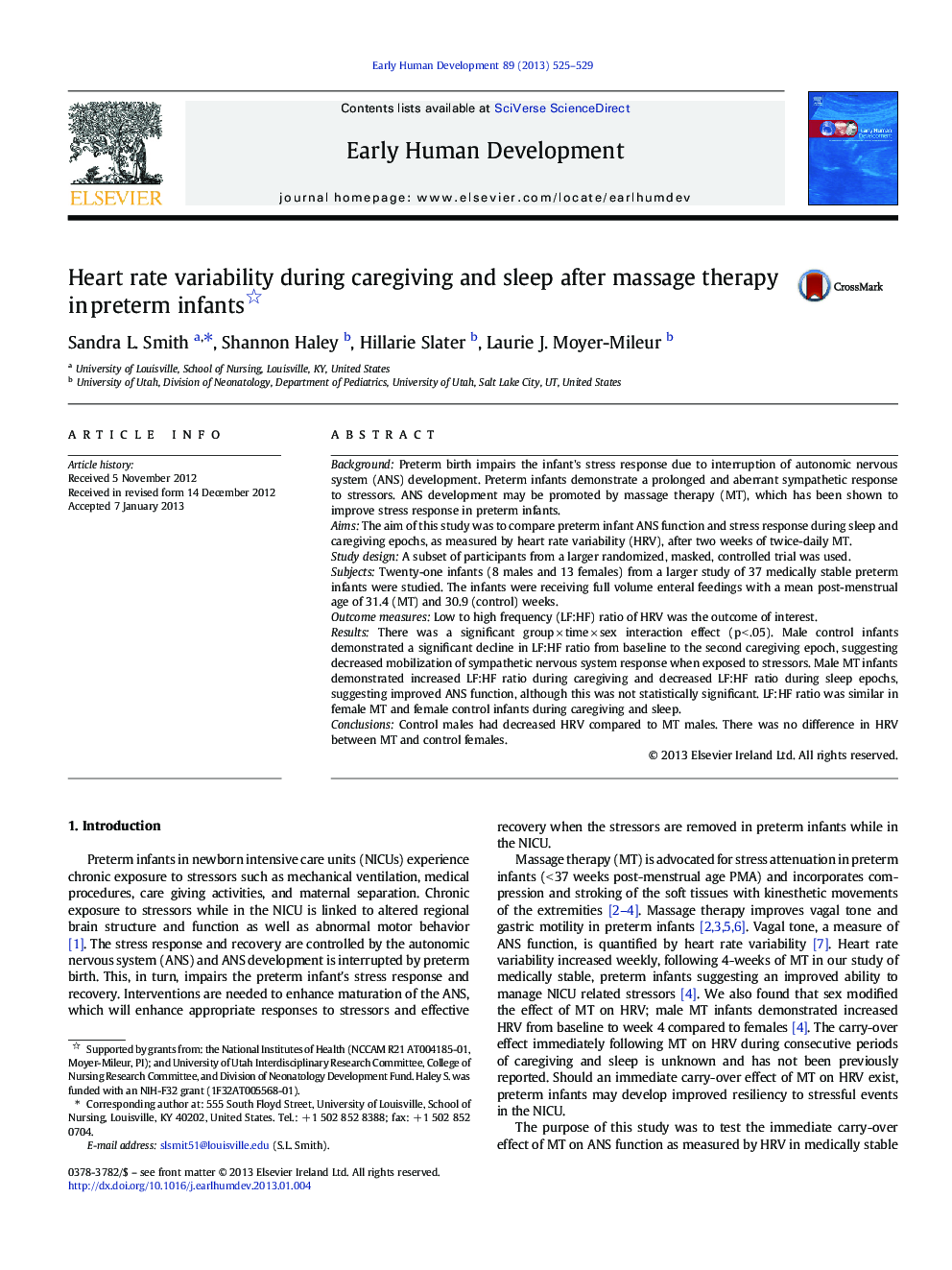 Heart rate variability during caregiving and sleep after massage therapy in preterm infants