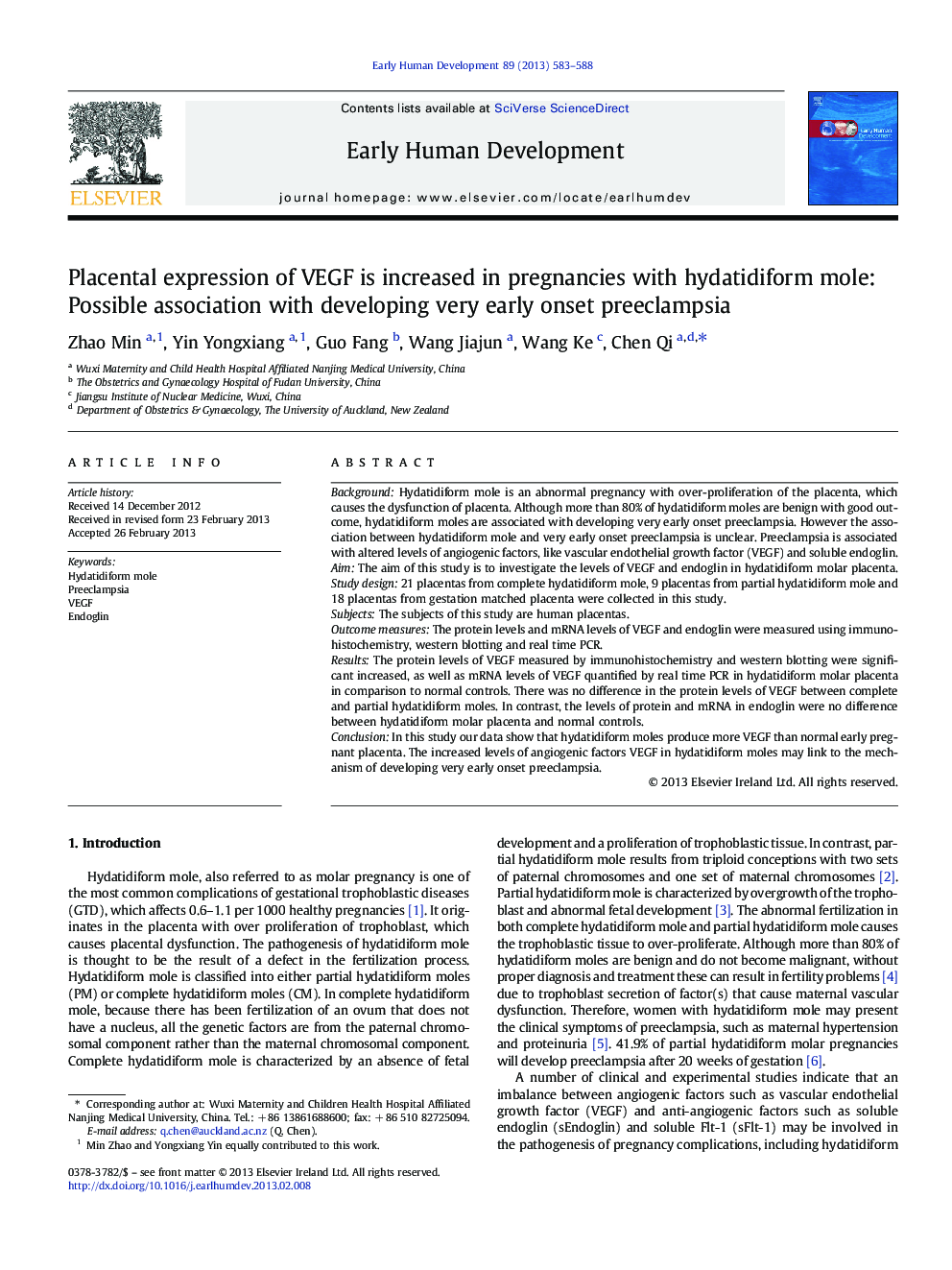 Placental expression of VEGF is increased in pregnancies with hydatidiform mole: Possible association with developing very early onset preeclampsia