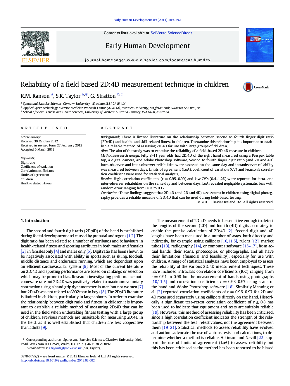 Reliability of a field based 2D:4D measurement technique in children