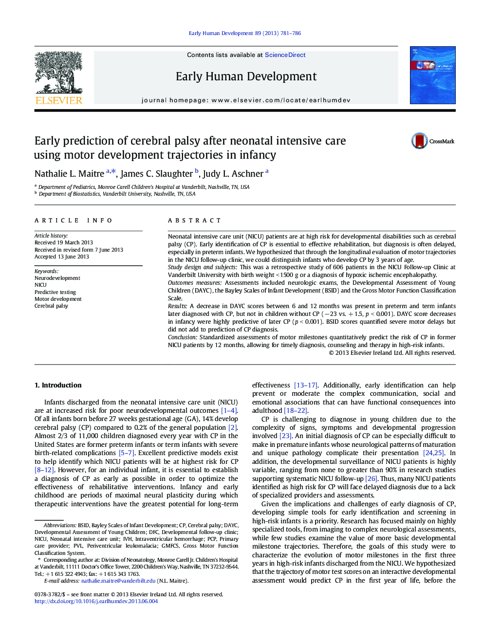 Early prediction of cerebral palsy after neonatal intensive care using motor development trajectories in infancy