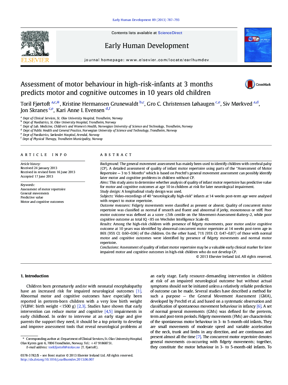 Assessment of motor behaviour in high-risk-infants at 3Â months predicts motor and cognitive outcomes in 10Â years old children