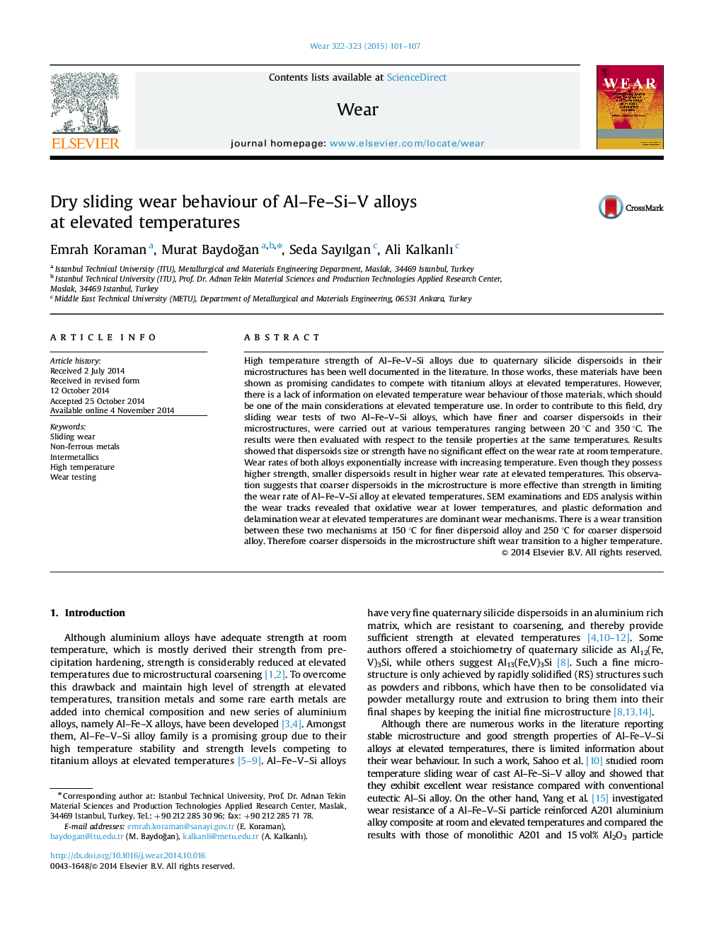 Dry sliding wear behaviour of Al–Fe–Si–V alloys at elevated temperatures