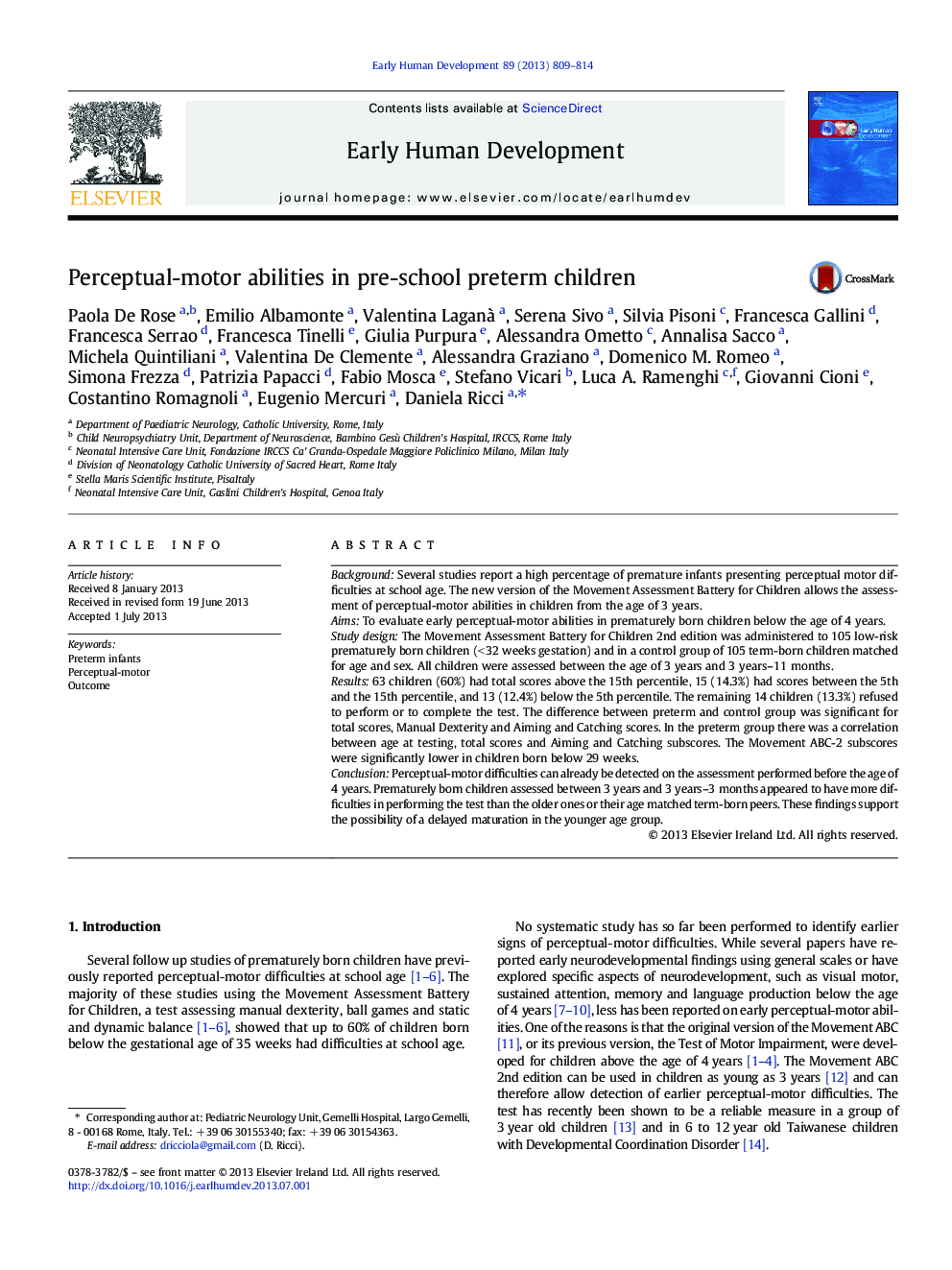 Perceptual-motor abilities in pre-school preterm children