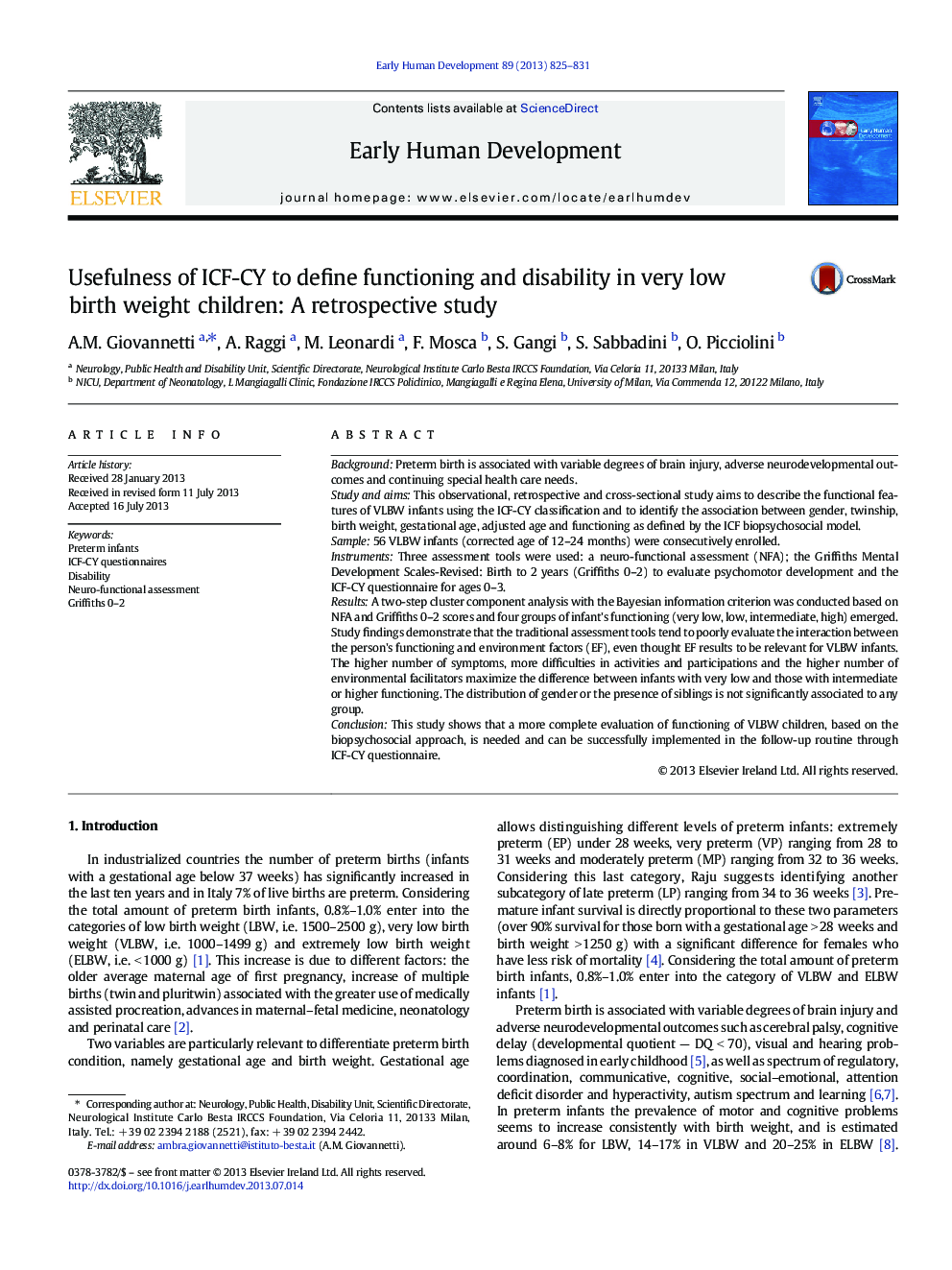 Usefulness of ICF-CY to define functioning and disability in very low birth weight children: A retrospective study