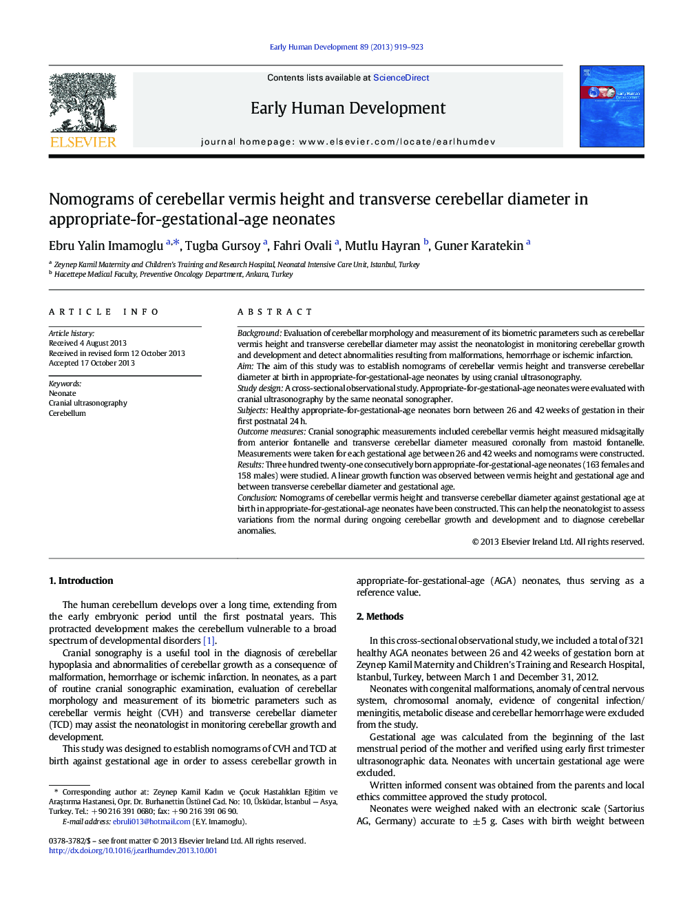 Nomograms of cerebellar vermis height and transverse cerebellar diameter in appropriate-for-gestational-age neonates