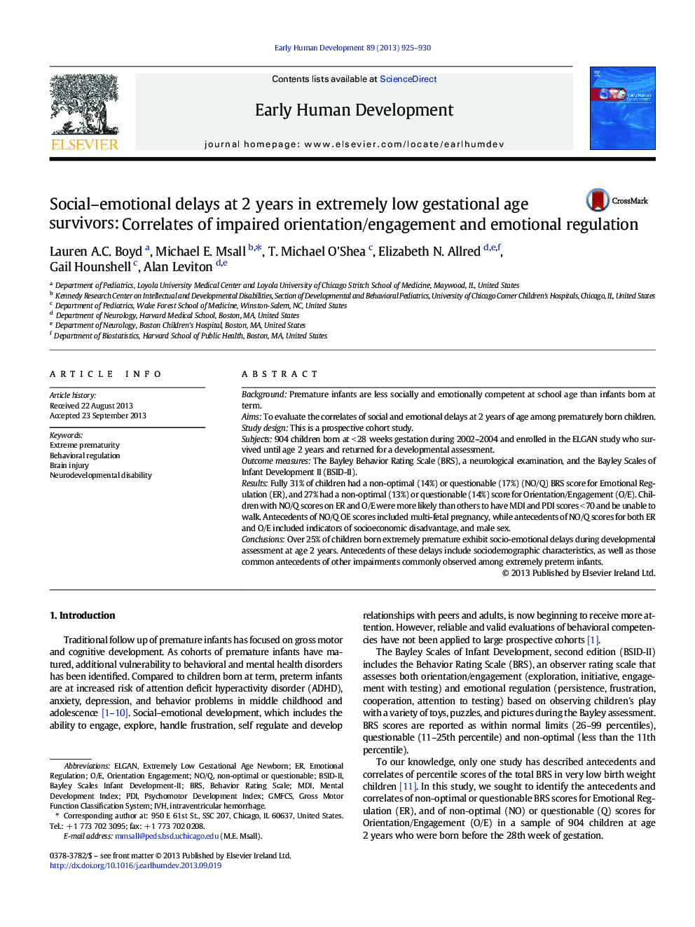 Social-emotional delays at 2 years in extremely low gestational age survivors: Correlates of impaired orientation/engagement and emotional regulation