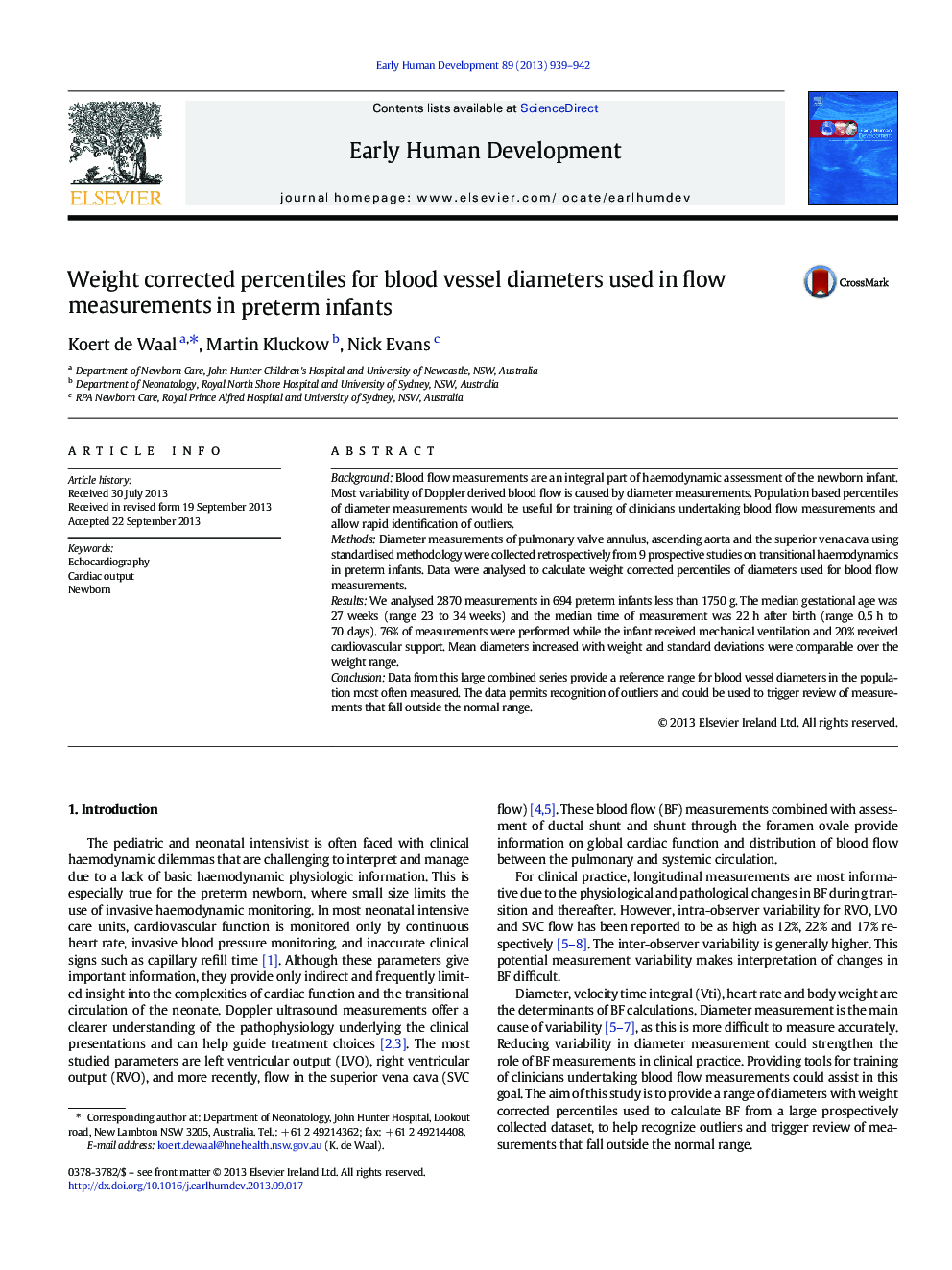 Weight corrected percentiles for blood vessel diameters used in flow measurements in preterm infants