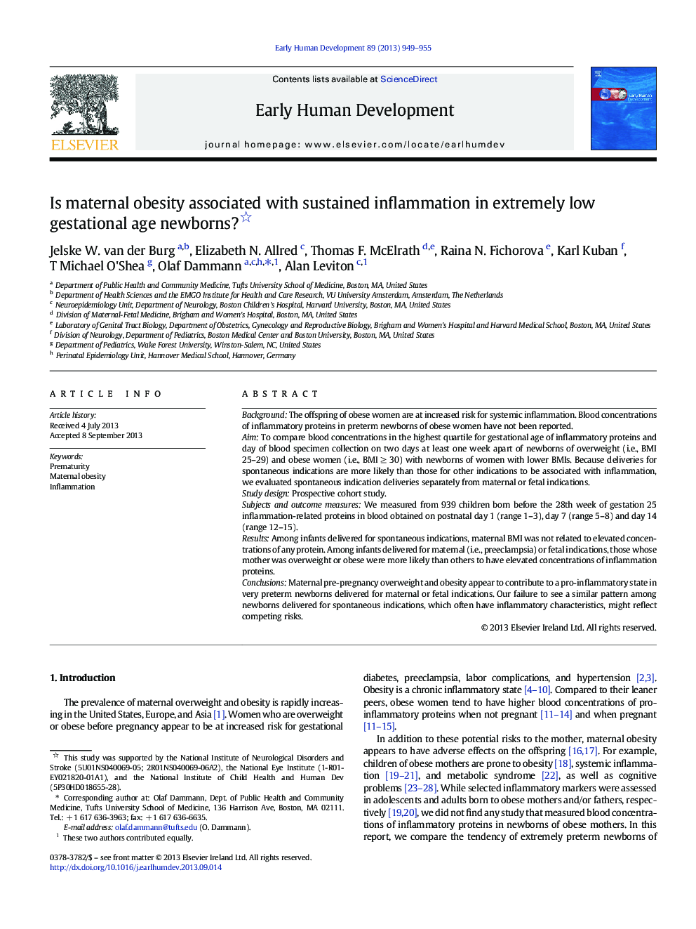 Is maternal obesity associated with sustained inflammation in extremely low gestational age newborns?