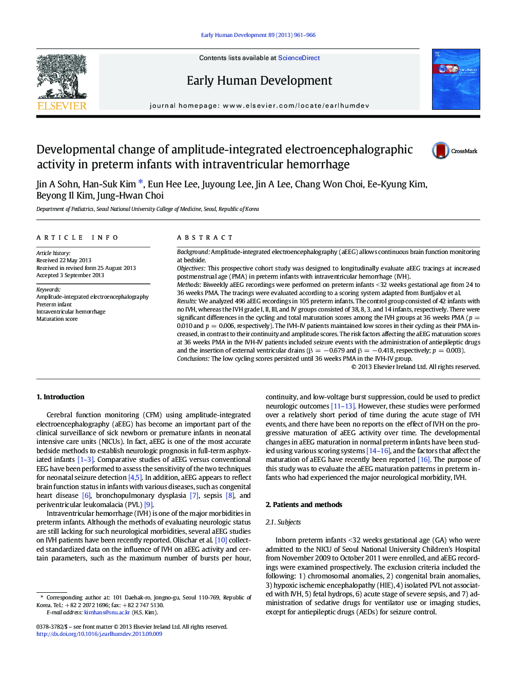 Developmental change of amplitude-integrated electroencephalographic activity in preterm infants with intraventricular hemorrhage