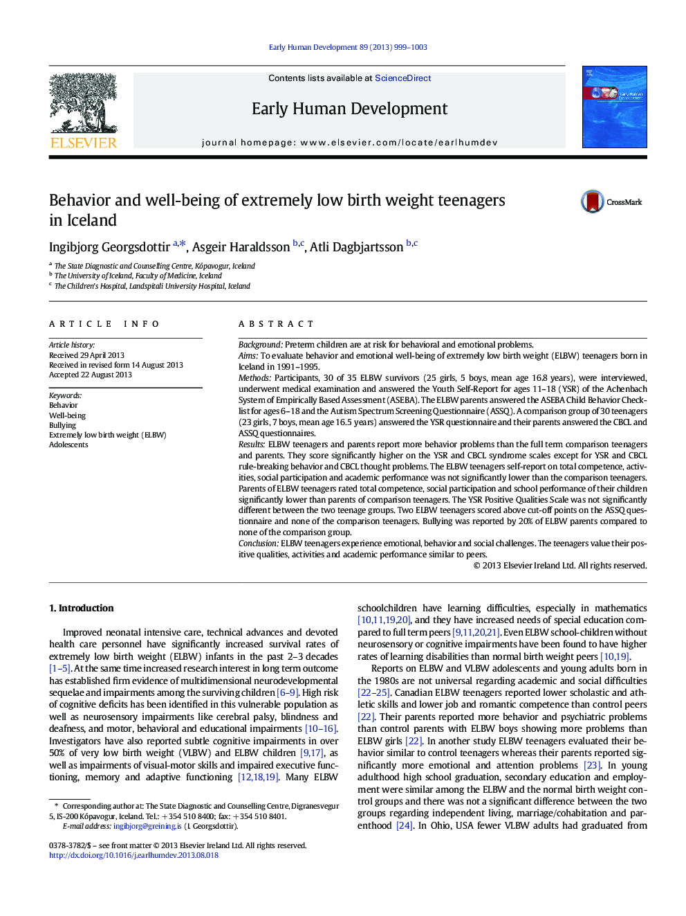 Behavior and well-being of extremely low birth weight teenagers in Iceland