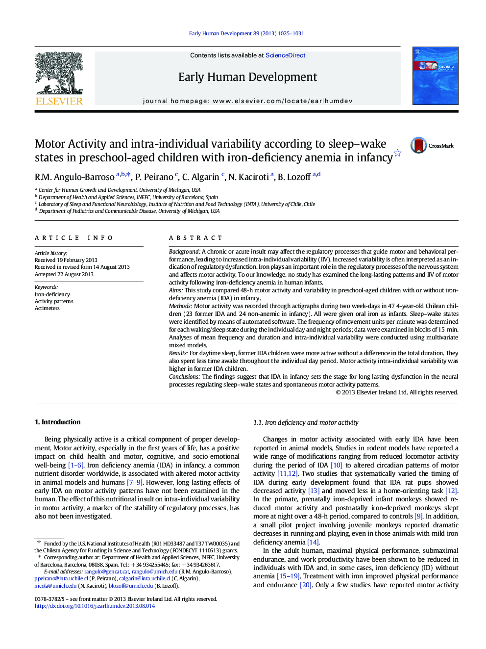 Motor Activity and intra-individual variability according to sleep-wake states in preschool-aged children with iron-deficiency anemia in infancy