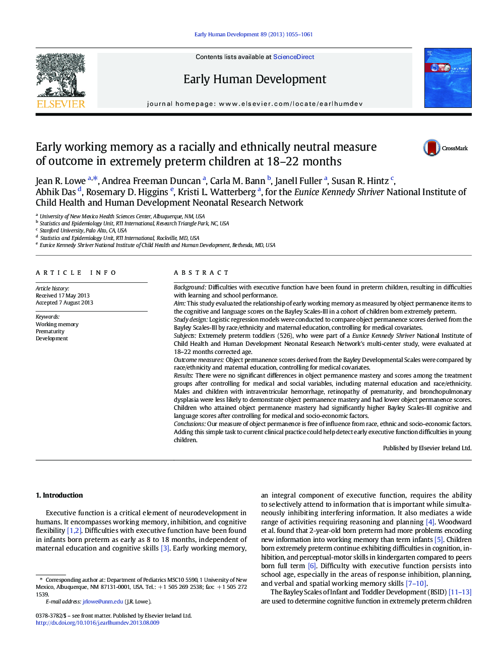 Early working memory as a racially and ethnically neutral measure of outcome in extremely preterm children at 18-22 months