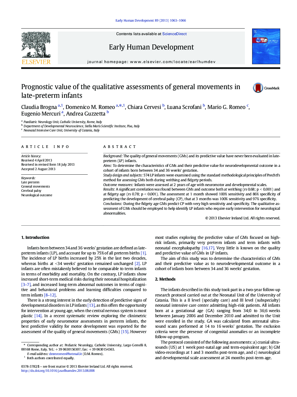 Prognostic value of the qualitative assessments of general movements in late-preterm infants