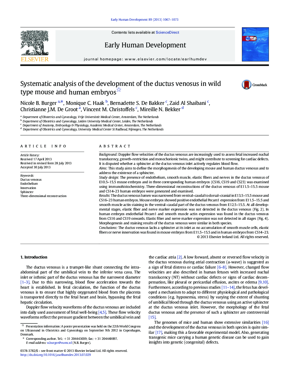 Systematic analysis of the development of the ductus venosus in wild type mouse and human embryos