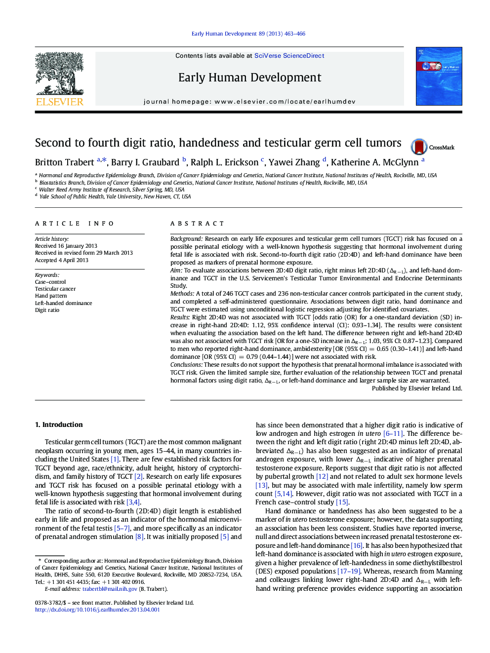 Second to fourth digit ratio, handedness and testicular germ cell tumors