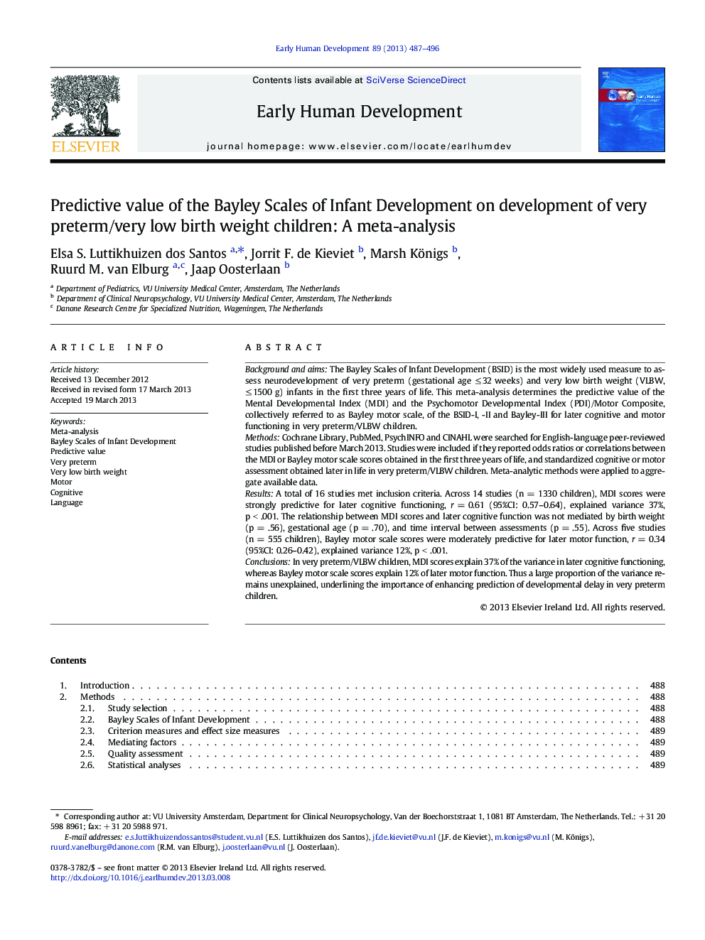 Predictive value of the Bayley Scales of Infant Development on development of very preterm/very low birth weight children: A meta-analysis