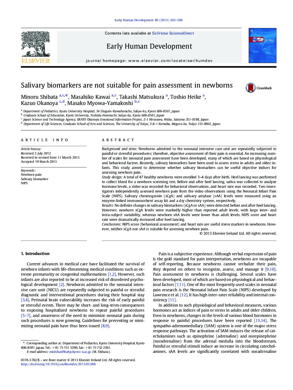 Salivary biomarkers are not suitable for pain assessment in newborns