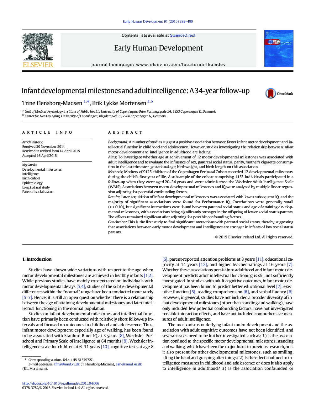 Infant developmental milestones and adult intelligence: A 34-year follow-up