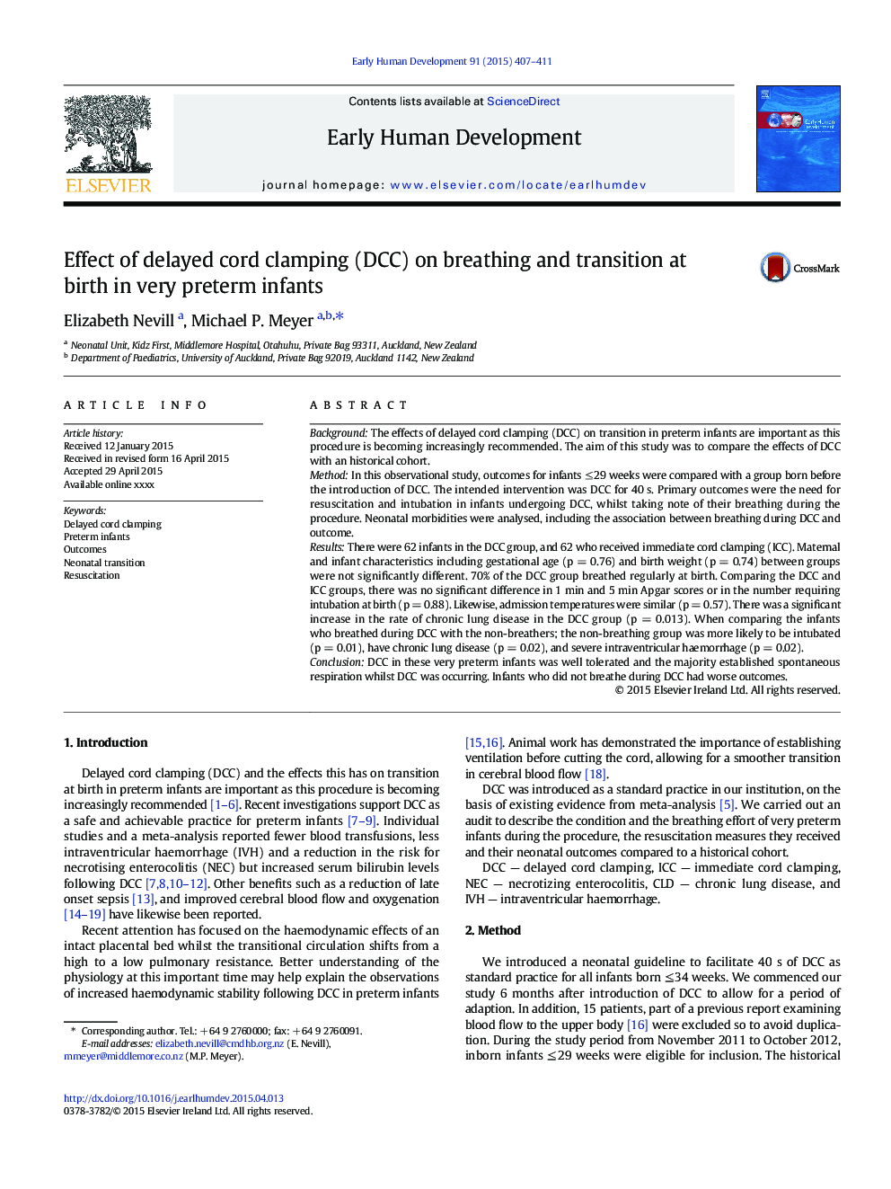 Effect of delayed cord clamping (DCC) on breathing and transition at birth in very preterm infants