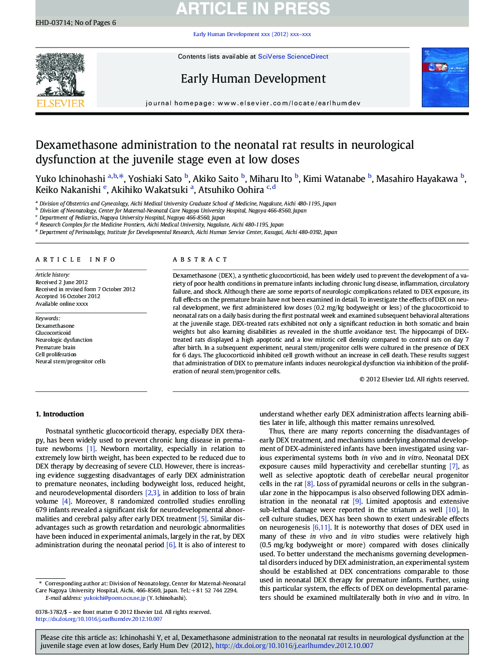 Dexamethasone administration to the neonatal rat results in neurological dysfunction at the juvenile stage even at low doses