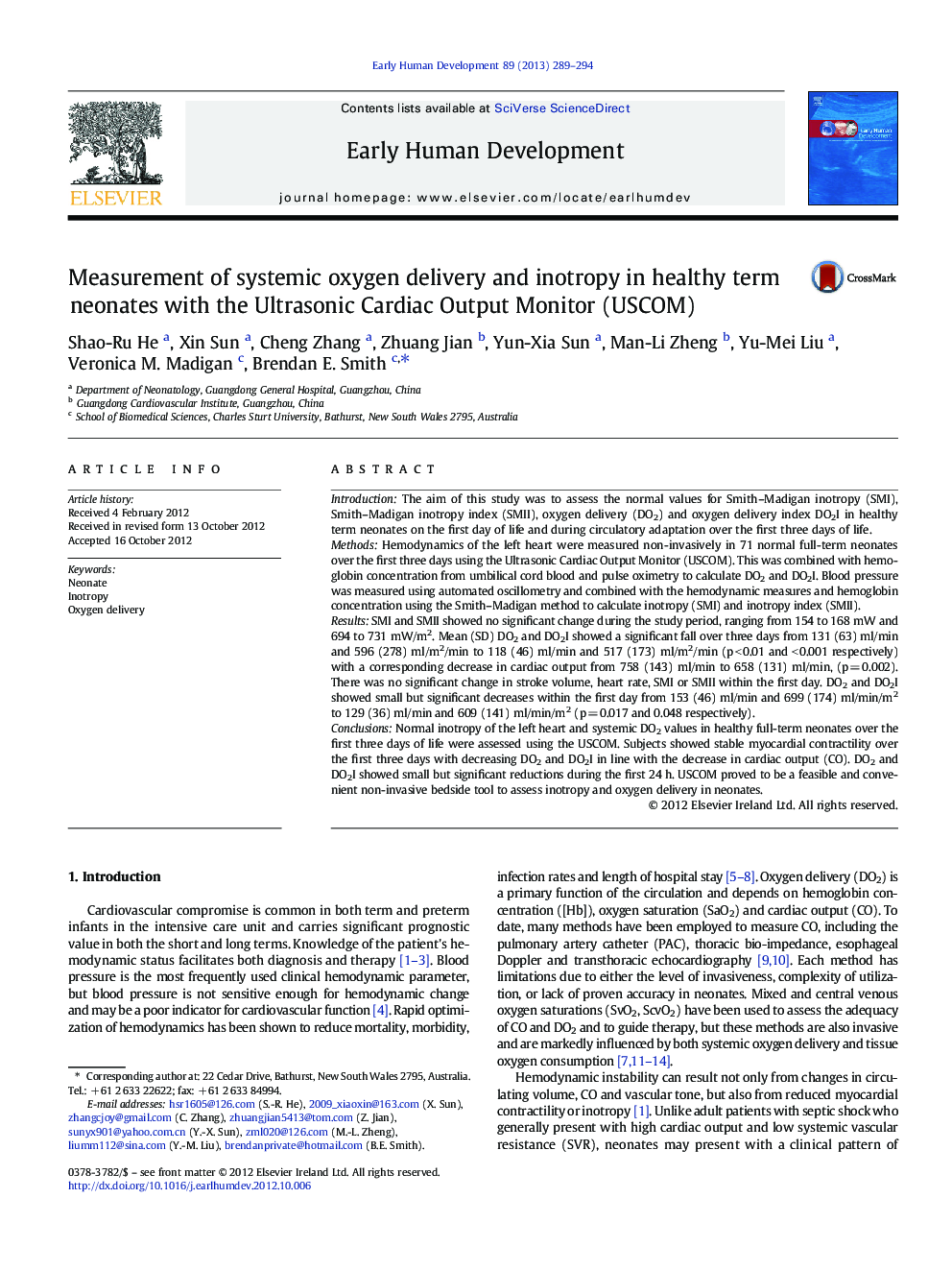 Measurement of systemic oxygen delivery and inotropy in healthy term neonates with the Ultrasonic Cardiac Output Monitor (USCOM)