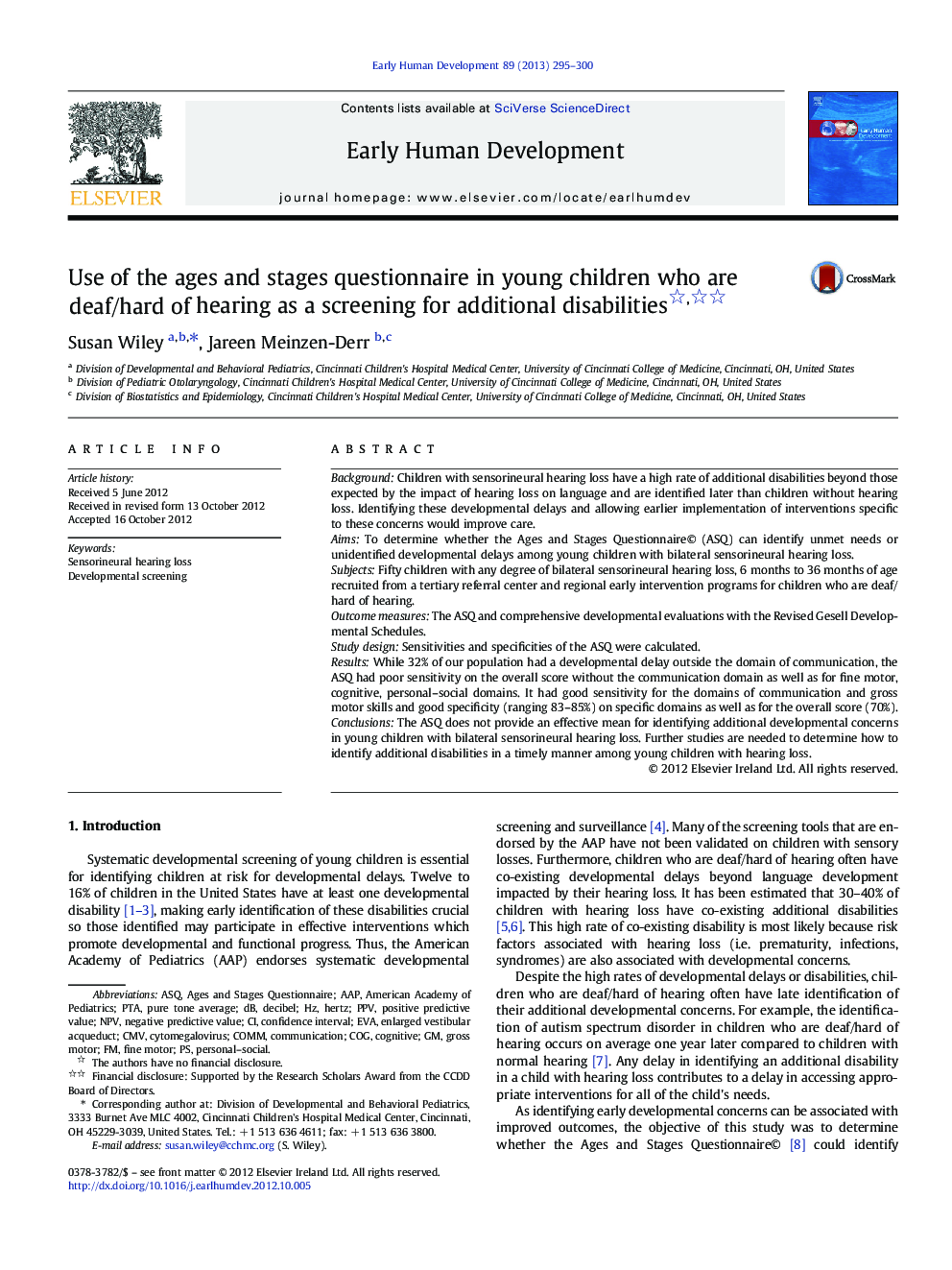 Use of the ages and stages questionnaire in young children who are deaf/hard of hearing as a screening for additional disabilities