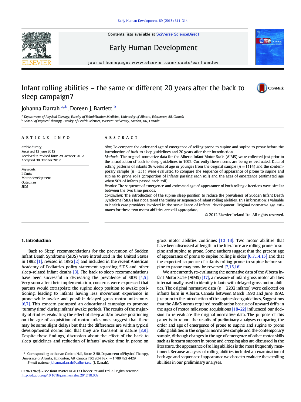 Infant rolling abilities - the same or different 20 years after the back to sleep campaign?