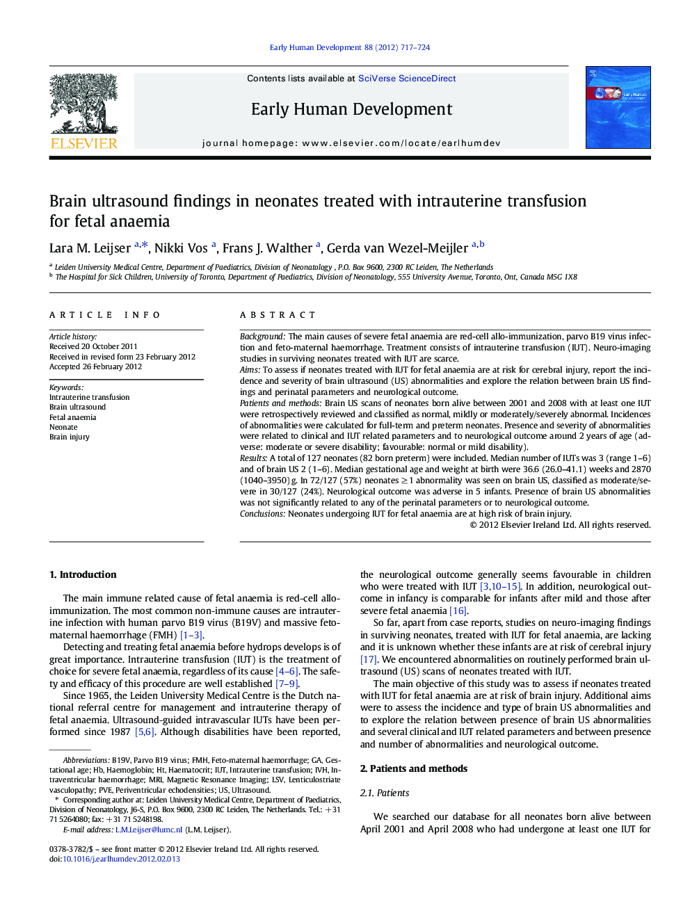 Brain ultrasound findings in neonates treated with intrauterine transfusion for fetal anaemia