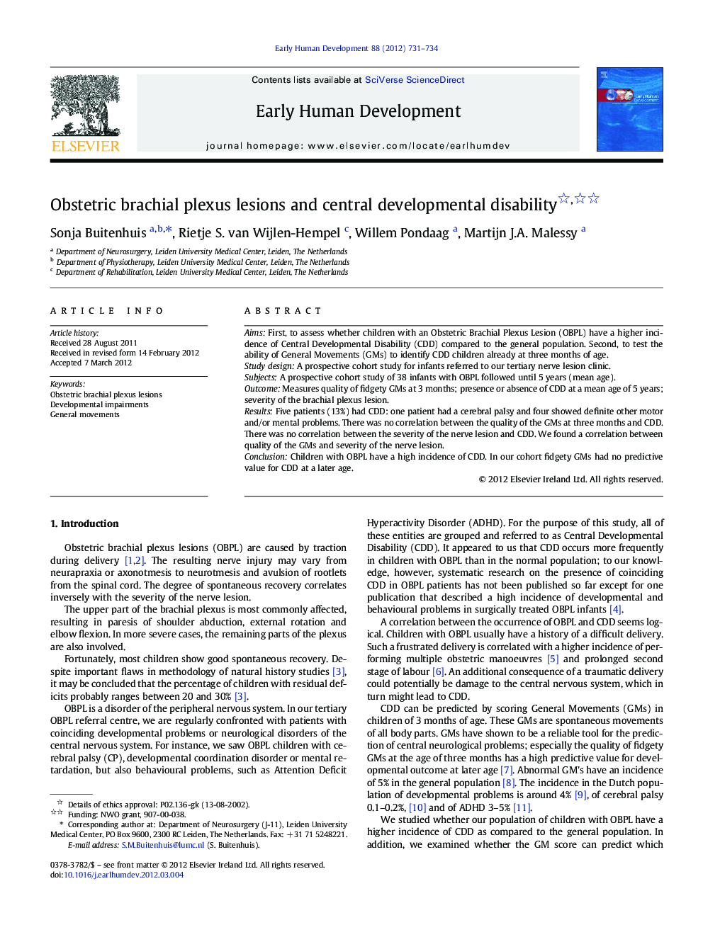 Obstetric brachial plexus lesions and central developmental disability