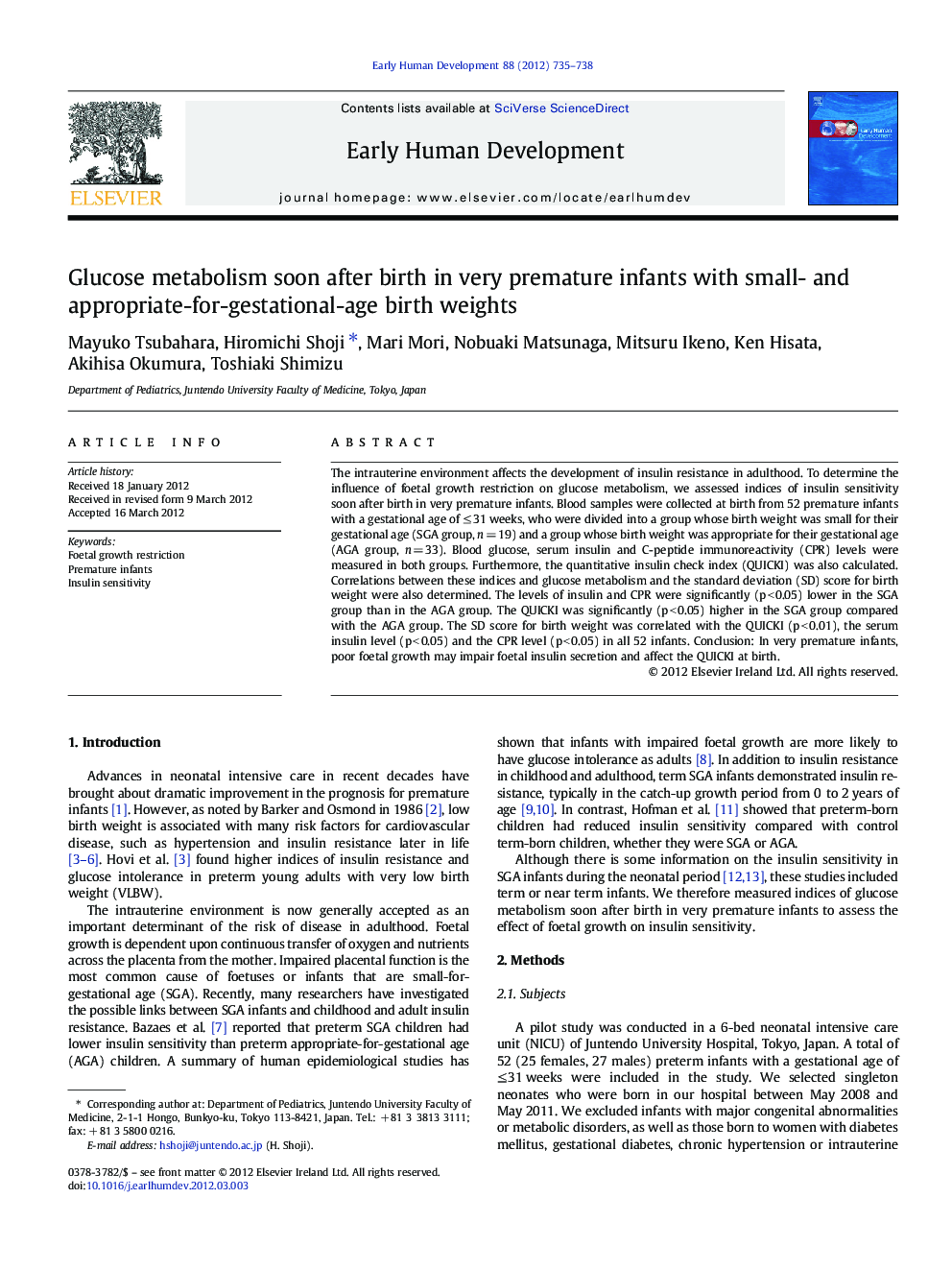 Glucose metabolism soon after birth in very premature infants with small- and appropriate-for-gestational-age birth weights