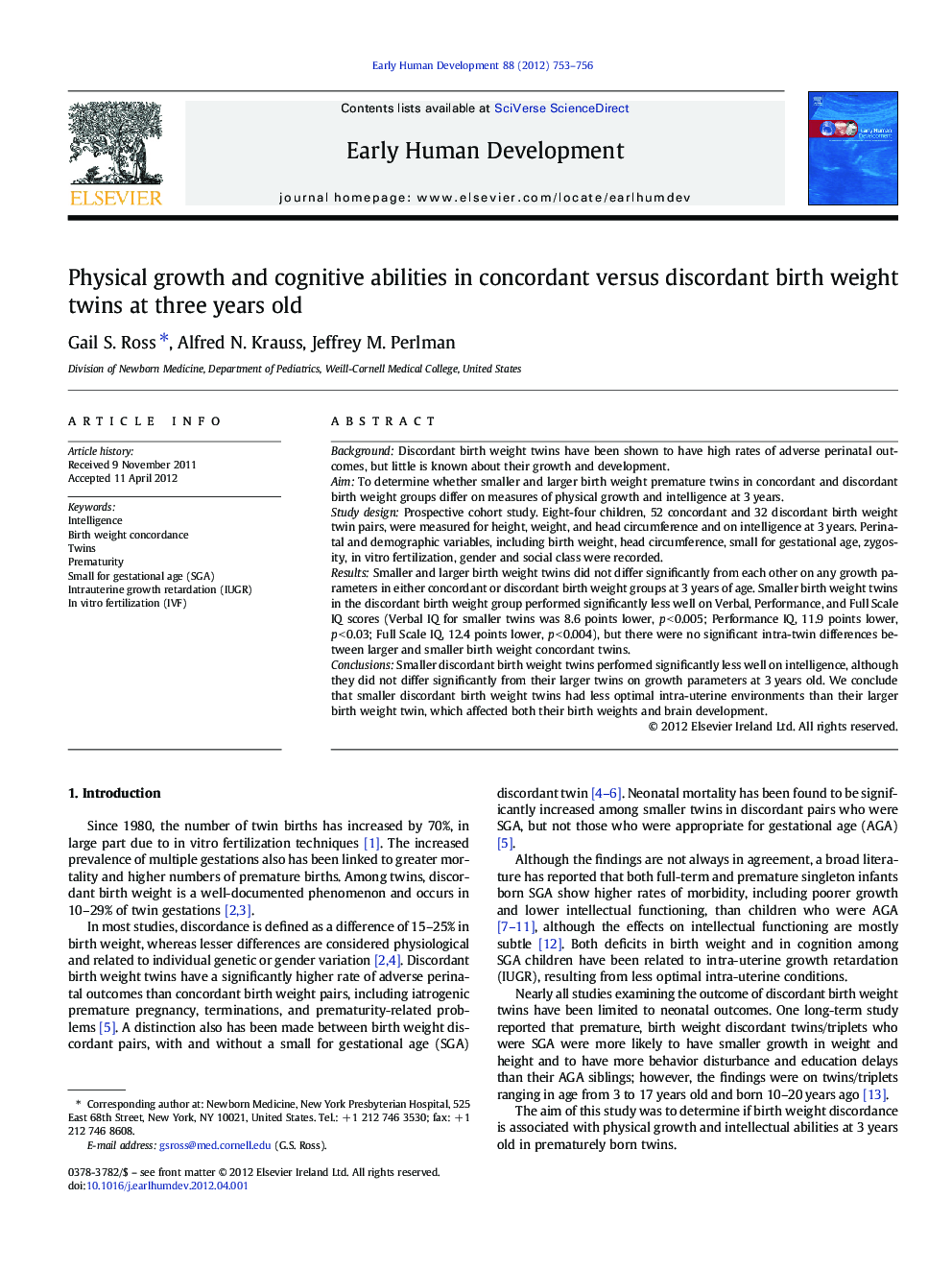 Physical growth and cognitive abilities in concordant versus discordant birth weight twins at three years old