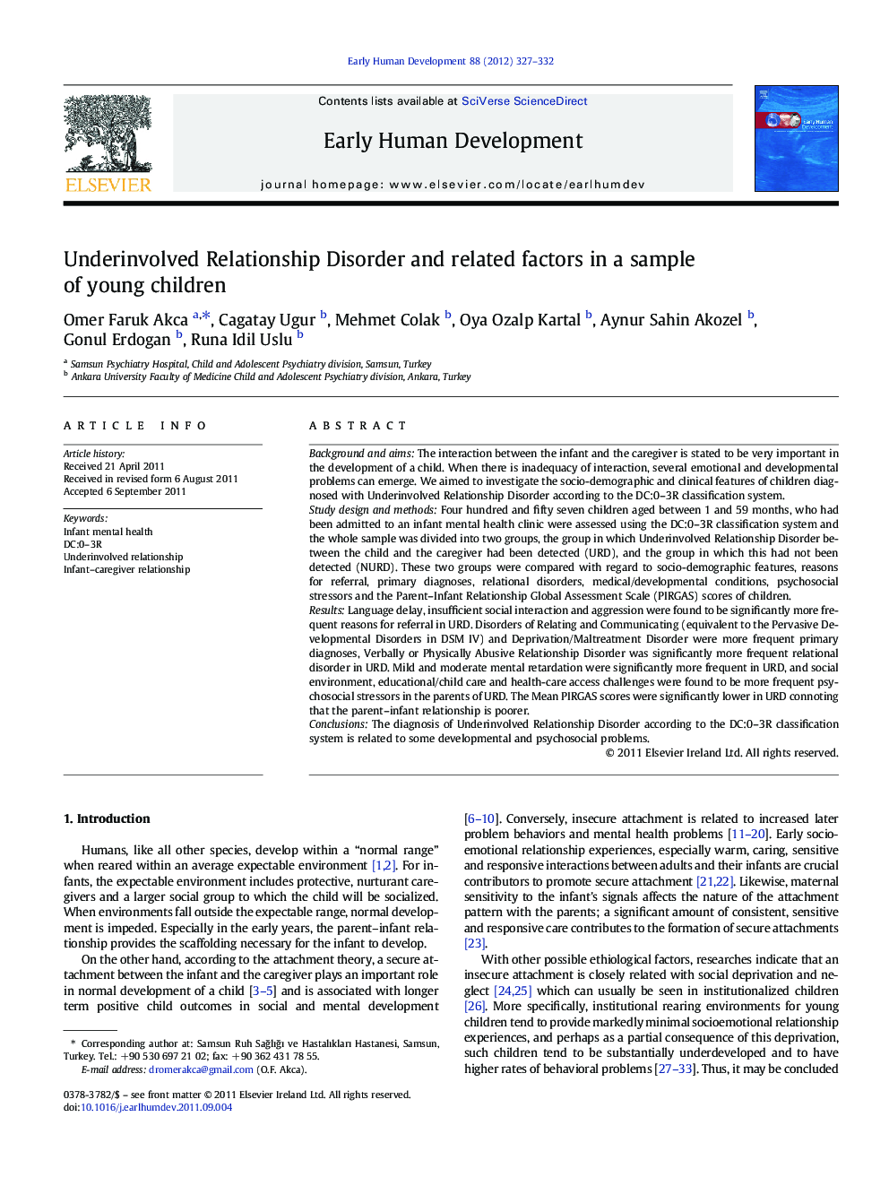 Underinvolved Relationship Disorder and related factors in a sample of young children