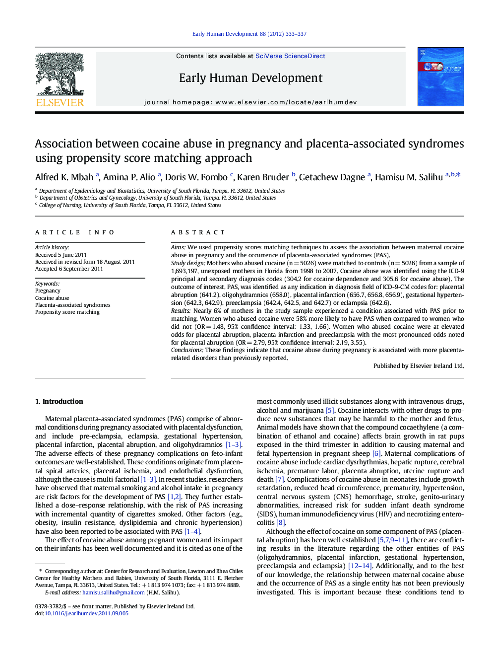 Association between cocaine abuse in pregnancy and placenta-associated syndromes using propensity score matching approach